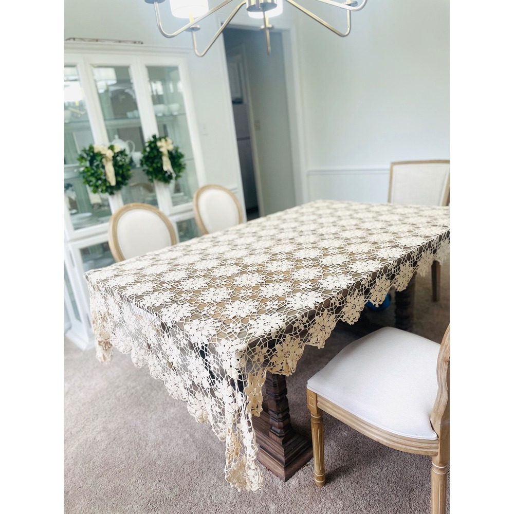 Vintage Hand Crocheted Lace Tablecloth Cream Ivory Floral Rectangular 60x80